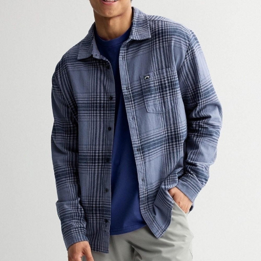 Billabong Dallas Long Sleeve Flannel Shirt Mens Large Button Up Blue Grey Plaid